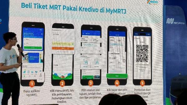 Penjelasan tata cara pembayaran tiket MRT Jakarta secara digital menggunakan metode paylater Kredivo di aplikasi MyMRTJ saat acara Peresmian Kolaborasi Pembayaran Digital, Naik MRT Jadi #Sefleksibelitu Bareng Kredivo