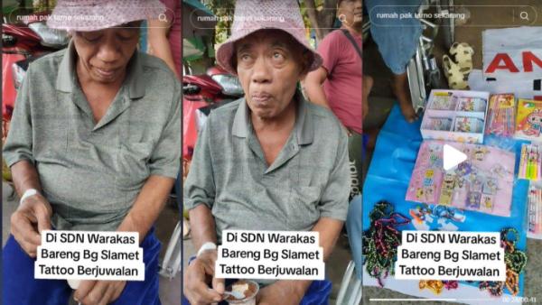 Pak Tarno jualan alat tulis dan stiker di depan SD.