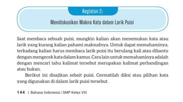 Kunci jawaban Bahasa Indonesia kelas 8 halaman 144 145 kurikulum merdeka, makna dalam larik puisi.