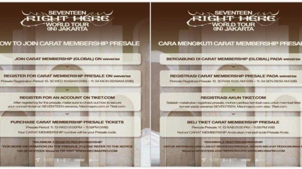 Carat Member Presale untuk Konser bertajuk SEVENTEEN [Right Here] World Tour di Jakarta International Stadium