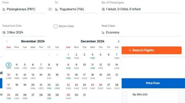 Harga Tiket Pesawat Palangkaraya - Yogyakarta Lion Air November-Desember