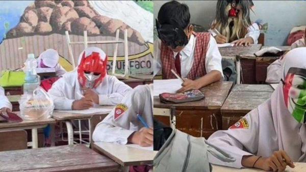 Siswa SD pakai topeng saat ujian biar tak menyontek.
