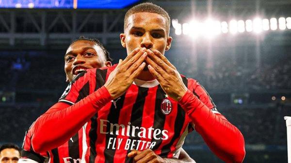Selebrasi Malick Thiaw saat mencetak gol pada pertandingan Liga Champions antara Real Madrid vs AC Milan, di Stadion Santiago Bernabeu, Rabu (6/11/2024).
