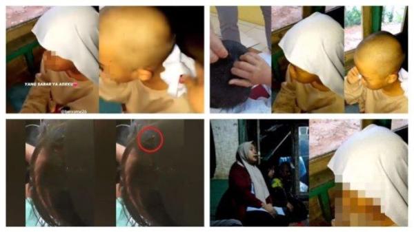 Kolase foto siswi SD di Babakan Cianjur dibotaki guru gegara banyak kutu viral di media sosial dan pengakuan gurunya.