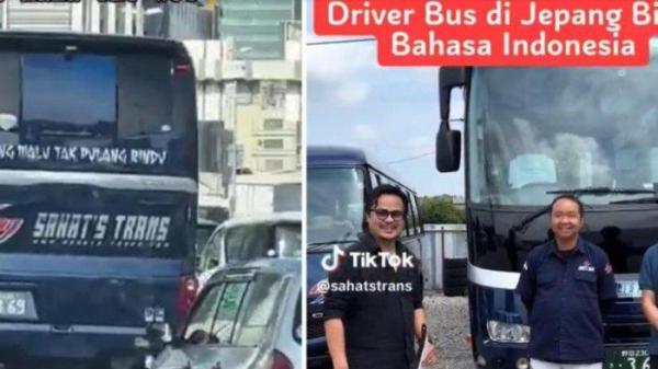 Penampakan bus Pulang Malu Tak Pulang Rindu di jalan tol Jepang.