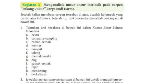 Soal buku Bahasa Indonesia Kelas 11 halaman 72 73 Kurikulum Merdeka - Kunci jawaban Bahasa Indonesia Kelas 11 halaman 72 73 Kurikulum Merdeka, kegiatan 3: Menganalisis unsur-unsur intrinsik pada cerpen 