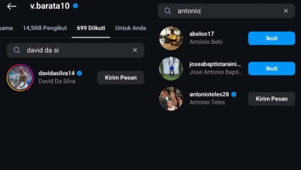 Barata kepergok follow IG striker Persib Bandung mantan Persebaya, David da Silva (kiri) dan follow agen DDS, Antonio Telles (kanan).