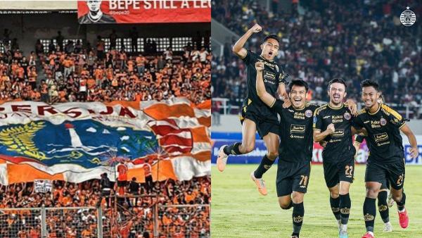 Jakmania (kiri) dan selebrasi gol Oliver Bias (kanan).