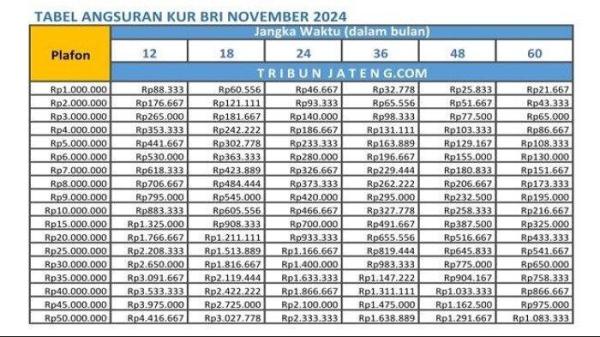 KUR BRI 2024 - Tabel Angsuran KUR BRI 2024 bulan November 2024 plafon pinjaman mulai Rp 1 juta sampai Rp 50 juta lengkap dengan tenor pinjamannya..