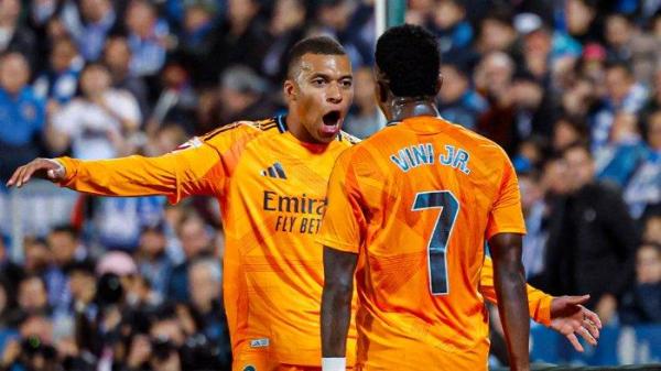 Selebrasi Kylian Mbappe (Real Madrid) saat cetak gol ke gawang Leganes di Liga Spanyol 2024/2025, Senin (25/11/2024) dini hari WIB.