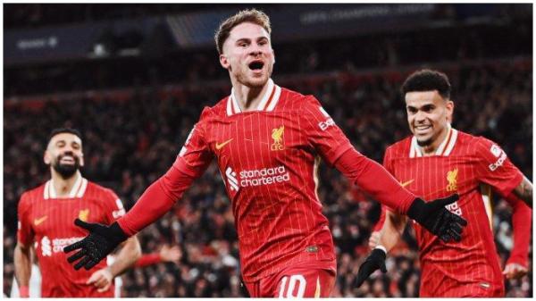 Selebrasi Alexis Mac Allister (tengah) bersama Mohamed Salah dan Luis Diaz saat Liverpool menghadapi Real Madrid di Liga Champions, Kamis (28/11/2024).