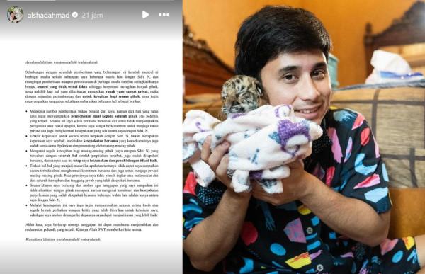 Postingan story instagram Alshad Ahmad membahas soal statusnya yang pernah menikah.