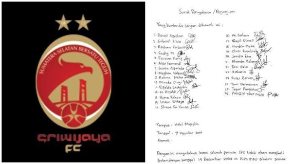 Sebanyak 27 pemain Sriwijaya FC melayangkan surat pernyataan kepada manajemen kompak 'mogok main' jelang laga home Pegadaian Liga 2024/25 menjamu PSPS Pekanbaru, Sabtu (14/12/2024) mendatang.