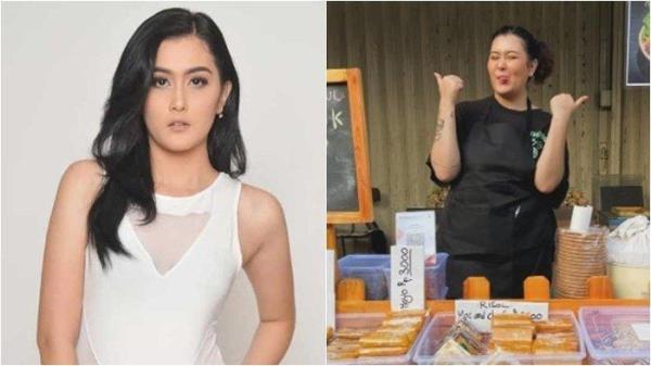 Artis jualan gorengan di pinggir jalan.