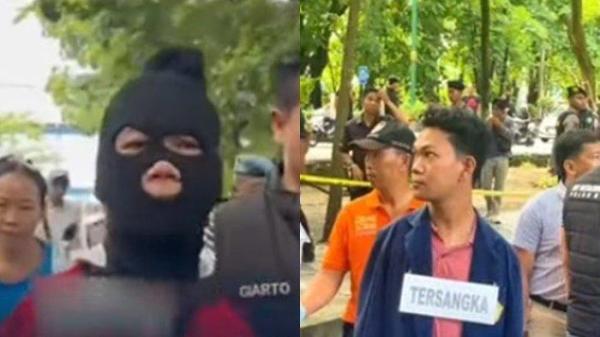 Agus Buntung yang mengenakan baju tahanan merah serta penutup kepala warna hitam terlihat berjalan dengan petantang-petenteng saat digiring pihak kepolisian.