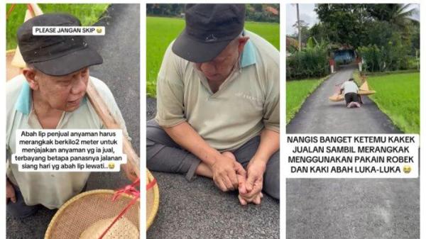 Mbah Iip jualan anyaman sambil merangkak.