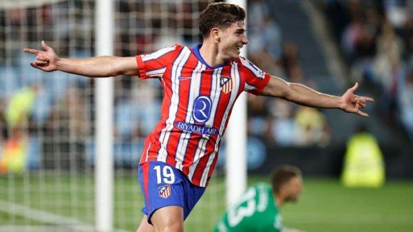 Selebrasi Julian Alvarez (Atletico Madrid) saat mencetak gol ke gawang Celta Vigo di Liga Spanyol 2024/2025, Jumat (27/9) dini hari WIB.