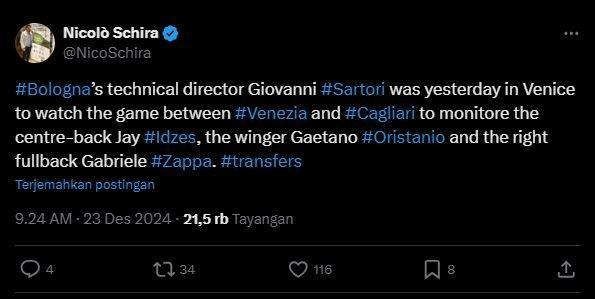 Jay Idzes dilaporkan menjadi target transfer klub Liga Italia, Bologna, yang langsung mengirimkan direktur tekniknya untuk memantau laga Venezia vs Cagliari.