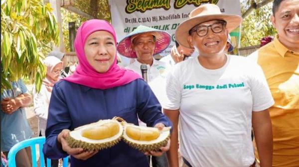 Calon Gubernur Jawa Timur Terpilih, Khofifah Indar Parawansa, menunjukkan isi buah durian saat ikut panen durian premium jenis Black Thorn dan Musang King di kebun Republik Durian Farm di Desa Ngaglik, Kecamatan Srengat, Kabupaten Blitar, pada Jumat (27/12/2024) siang