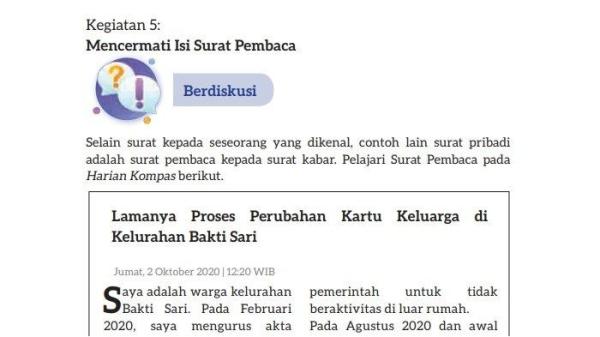 Kunci jawaban Bahasa Indonesia Kurikulum Merdeka Kelas 7 halaman 185. Siswa diminta untuk Mencermati Isi Surat Pembaca pada tugas Kegiatan 5. 