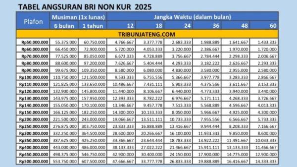 tabel angsuran BRI Non KUR 50-500 Juta
