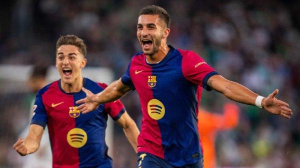 Selebrasi pemain Barcelona, Ferran Torres saat melawan Real Betis pada pekan ke-16 Liga Spanyol, Sabtu (7/12/2024) dini hari WIB.