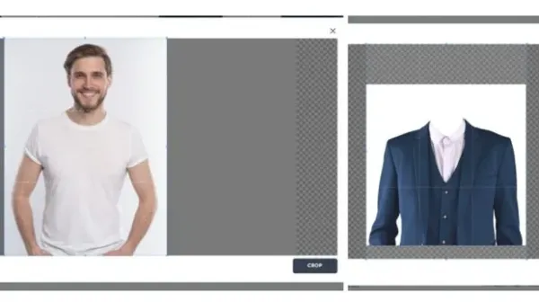 Ilustrasi edit foto pakai jas di situs Pincel Clothes Swap
