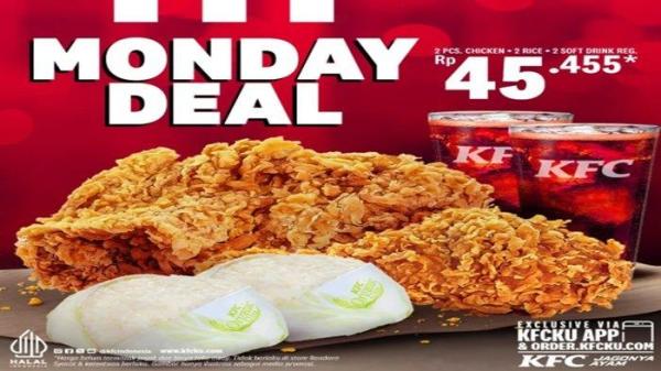 Promo KFC - spesial hari ini kamu bisa menikmati Promo KFC Mondal Deal, 2 ayam KFC, 2 nasi dan 2 softdrink cuma Rp 45 ribuan.