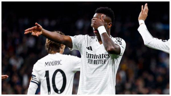Pemain asal Brasil Vinicius Junior ketika mencetak gol untuk Real Madrid pada pertandingan Copa del Rey 2024/2025.