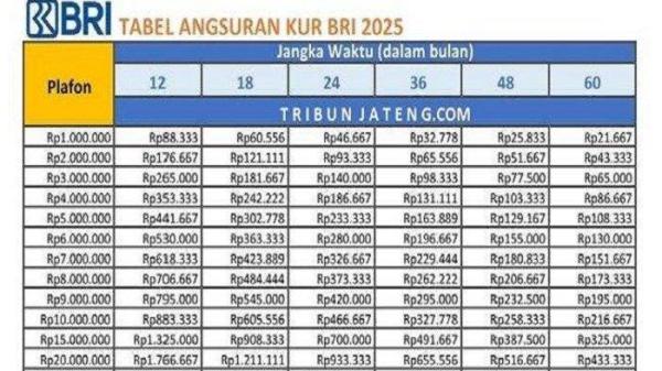 Tabel Angsuran KUR BRI 2025 Cicilan di Bawah Rp 500 Ribu Per Bulan Tenor 5 Tahun