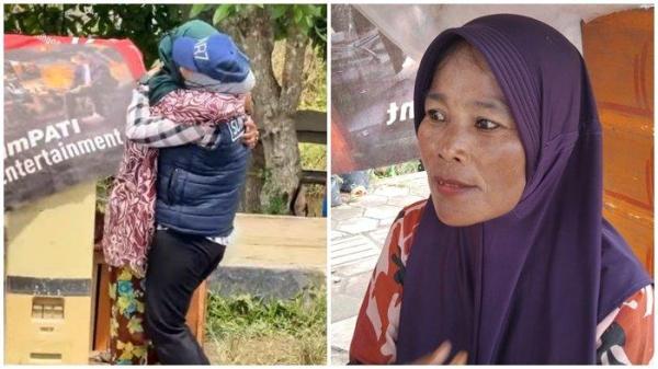 Rina, penjual Jambu di Jalan Gubernur HA Bastari menangis haru terima bantuan dari Polwan Polda Sumsel. 