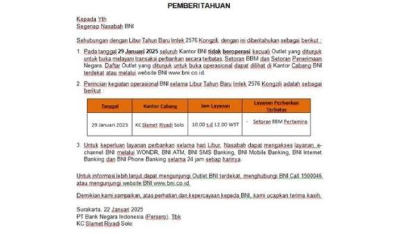 BNI tutup saat imlek