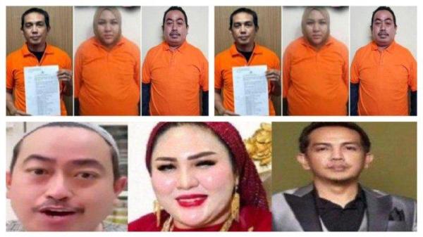 Kolase foto tiga tersangka skincare bermerkuri Mira Hayati (MH), Mustadir DG Sila (FF) yang merupakan suami dari Fenny Frans, serta Agus Salim (RG), setelah mengenakan kaos tahanan Polda Sulsel.