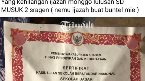 Tangkapan di media sosial Facebook, yang menemukan selembar Sertifikat Hasil Ujian SD asli yang dijadikan bungkus mie.