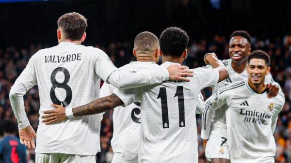 Selebrasi pemain Real Madrid saat melawan Salzburg pada pekan ketujuh Liga Champions, Kamis (23/1/2025) dini hari WIB.