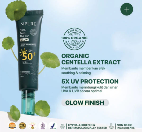 Sunscreen yang Cocok untuk Kulit Berminyak dan Berjerawat. Foto adalah NPURE Cica Beat The Sun SPF 50 PA ++++. sumber: npureofficial.id