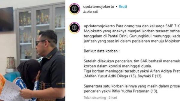 TANGKAPAN LAYAR unggahan Instagram @updatemojokerto pada Selasa (28/1/2025) : Pakde Malvien (kaos oranye) ditenangkan Pj Wali Kota Mojokerto Moh Ali Kuncoro saat menunggu kabar tentang siswa SMPN 7 Mojokerto yang terseret ombak di Pantai Drini