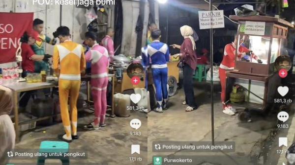 Viral aksi totalitas pedagang bakso di Purwokerto yang kenakan seragam Power Rangers saat berjualan