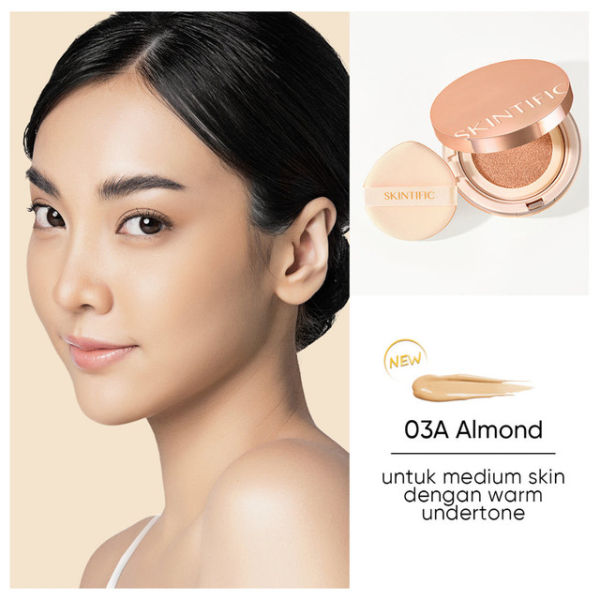 cushion Skintific untuk kulit kuning langsat. Foto adalah SKINTIFIC Cover All Perfect Cushion shade Almond. sumber: skintific.com