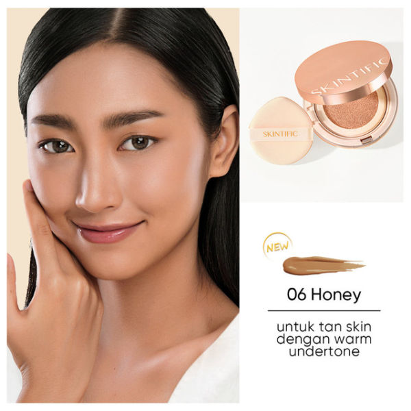 cushion Skintific untuk kulit kuning langsat. Foto adalah SKINTIFIC Cover All Perfect Cushion shade Honey. Sumber: skintific.com