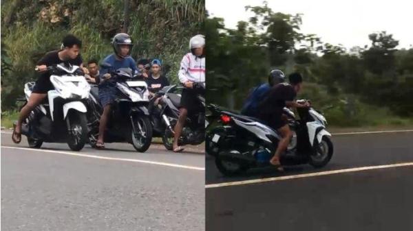 BALAP LIAR MAUT : Tangkapan layar video aksi balap liar di JLS Pracimantoro Wonogiri yang diunggah Minggu (2/2/2025) malam. Video tersebut menunjukkan aksi balap liar sepeda motor hingga berujung kecelakaan,  terjadi pada Minggu (2/1/2025) sore.