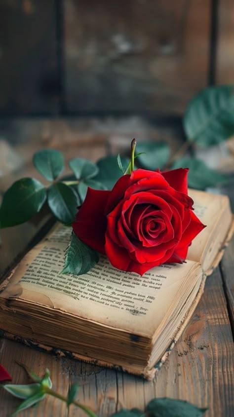 This may contain: a single red rose sitting on top of an old book with leaves around it's edges