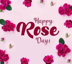 This may contain: happy rose day with pink roses and green leaves