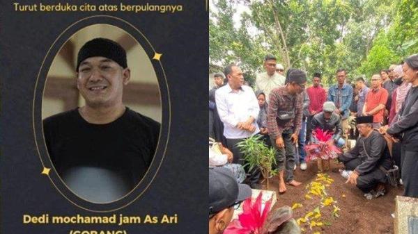 FIRASAT SEBELUM MENINGGAL- (kiri) ucapan belasungkawa Muhammad Jamasari. (kanan) Pemakaman Ari Jamasari alias Kang Gobang, pemeran Preman Pensiun, di TPU Cibabat, Kota Cimahi, Jumat (7/2/2025). Sebelum meninggal, Muhamad Jamasari pemeran Kang Gobang tak seperti biasa mendadak mengajak ibu dan anaknya dari Sukabumi untuk menemaninya di Bandung