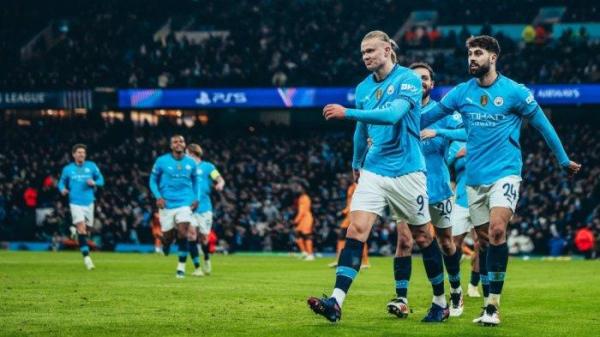 SELEBRASI ERLING HAALAND - Selebrasi penyerang Manchester City, Erling Haaland setelah mencetak gol ke gawang Real Madrid pada babak play-off 16 besar Liga Champions di Etihad Stadium, Rabu (12/2/2025) dini hari WIB. <div class=