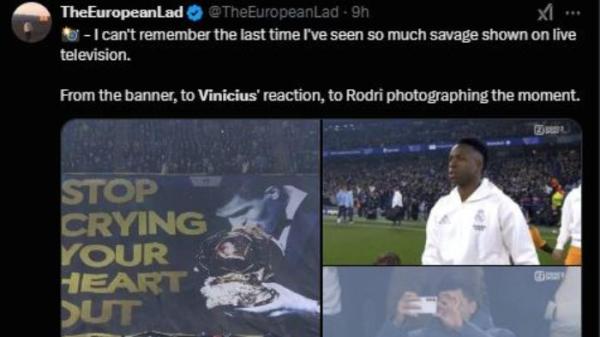Fans Manchester City memampang banner atau spanduk soal kemenangan Ballon d'Or milik Rodri di Stadion Etihad di play-off Liga Champions 2024/2025 pada Rabu (12/2/2025) dini hari WIB.