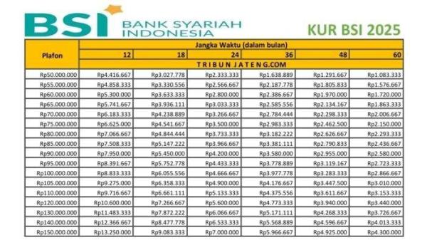 KUR BRI 2025 - Tabel angsuran KUR BSI 2025 batas maksimal pinjaman Rp 50 juta - Rp 150 juta, tenor mulai 12 bulan maksimal 60 bulan, tenor hingga 60 bulan