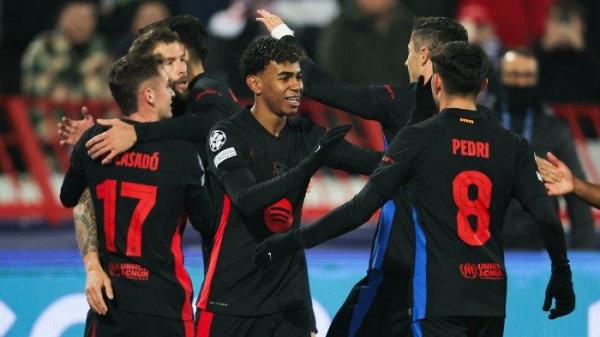 Para pemain Barcelona merayakan gol mereka dalam laga pekan ke-4 Liga Champions UEFA antara Crvena Zvezda Beograd dan FC Barcelona di Stadion Rajko-Mitic, Beograd, pada 6 November 2024.