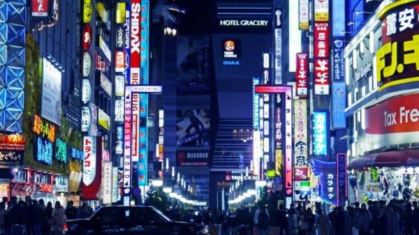 Ilustrasi suasana malam di Shinjuku, Tokyo, Jepang.