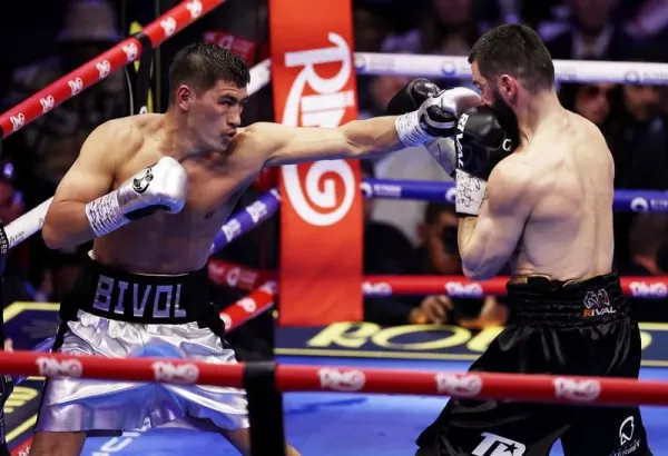 Boxing - Light Heavy Championship - Artur Beterbiev v Dmitrii Bivol - anb Arena, Riyadh, Saudi Arabia - February 23, 2025 Dmitrii Bivol celebrates after winning his fight against Artur Beterbiev REUTERS/Hamad I Mohammed TPX IMAGES OF THE DAY